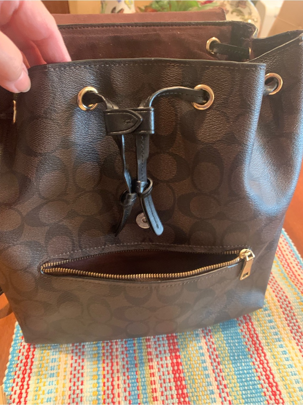 Coach Brown Signature Canvas and Black Leather Backpack with Gold Hardware - Picture 12 of 13